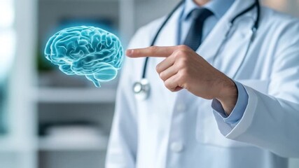 Doctor pointing at a glowing human brain hologram representing medical technology and neuroscience concepts - Powered by Adobe