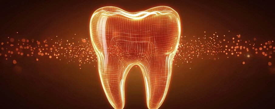 Glowing digital tooth illustration with wireframe elements on dark background