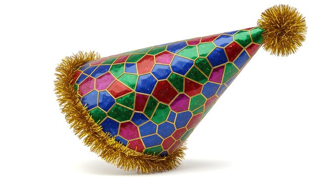 Colorful party hat with gold trimming and pom-pom