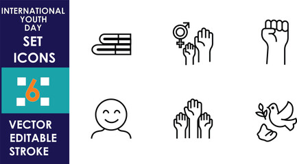 Minimalist vector icon set celebrating International Youth Day, featuring raised hands, dove, smiling face, and gender equality symbols with clean editable stroke design