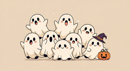 Obraz premium Cute Cartoon Ghosts with Halloween Pumpkin and Witch Hat in Light Background