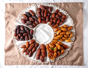 A top-down view of a circular segmented platter holding several different varieties of dates on a white doily and brown fabric.