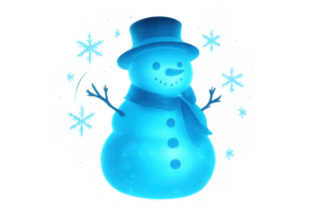 Glowing electric blue snowman celebrating winter holidays with falling snowflakes on transparent background