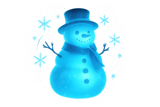 Glowing electric blue snowman celebrating winter holidays with falling snowflakes on transparent background
