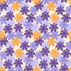 Decorative seamless wallpaper design with vintage-style purple and orange tropical leaves