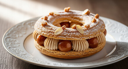 cake with praline, crunchy crumbs, almond petals and powdered