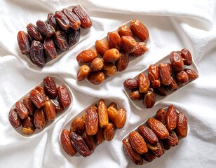 Six white rectangular dishes filled with various types of dates, arranged on a soft, wrinkled white cloth backdrop.