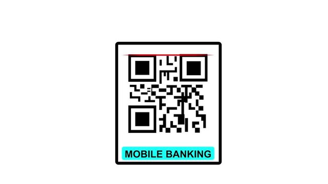 Scanning QR Code with Smartphone. Scan qr code barcode Mobile Banking animation . QR code Mobile Banking , cashless technology concept for white baground.4k motion video..