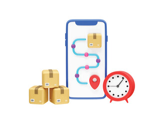 Real-time Package Delivery Tracking on Smartphone with Boxes and Clock icon 3d illustration