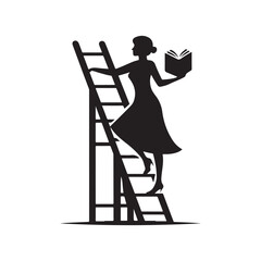 librarian climbing ladder vector silhouette clip art logo design illustration