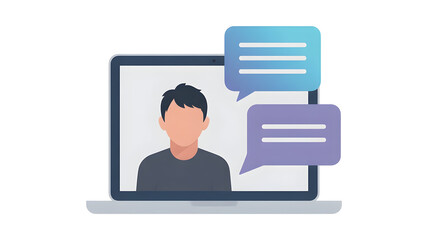 Professional online conference call from laptop with dynamic chat bubbles overlayed