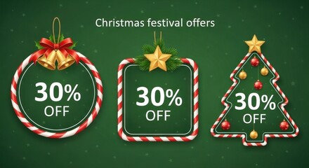 Christmas festival offers 30 off on decorative ornaments on green background
