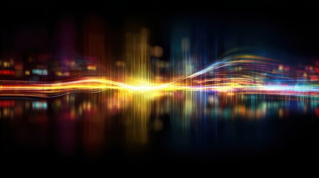 abstract visualization of sound waves and music rhythm, colorful light streaks forming flowing patterns, dynamic motion blur, visual representation