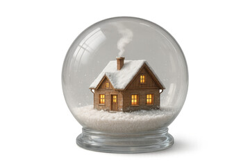 Snow globe containing cozy winter house with smoking chimney and glowing windows, representing festive holidays and peaceful home