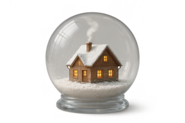 Snow globe containing cozy winter house with smoking chimney and glowing windows, representing festive holidays and peaceful home