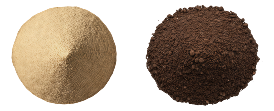 Pile of light beige powder side by side with a pile of dark brown rich potting soil against a clean transparent background agriculture gardening growing media