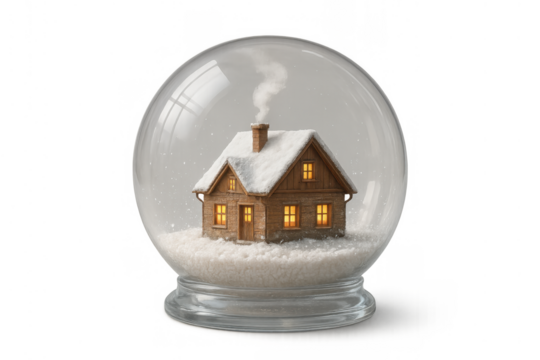 Snow globe containing cozy winter house with smoking chimney and glowing windows, representing festive holidays and peaceful home