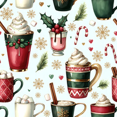 Whipped Cream Christmas Mugs Seamless Pattern