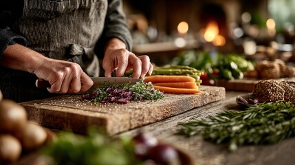 Fresh Vegetable Preparation in Cozy Culinary Setting with Fire