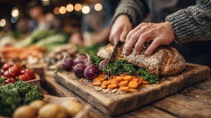 Freshly Sliced Bread and Vibrant Vegetables on Rustic Wooden Table