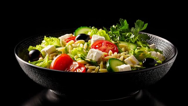 Delicious Greek Orzo Salad with Feta Cheese and Fresh Vegetables.