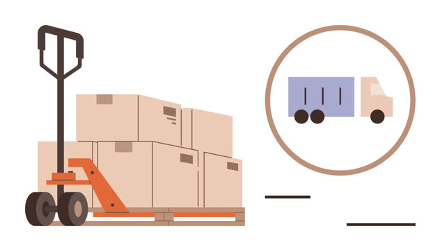 Hand pallet jack carrying boxes, highlighting shipping, delivery, transport. Ideal for logistics, supply chain, warehouse, cargo freight storage distribution. A simple flat metaphor