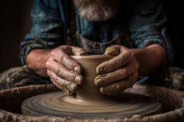 Hands of a Caucasian craftsman shaping clay on a potter's wheel with intense focus and skill passed down through generations
