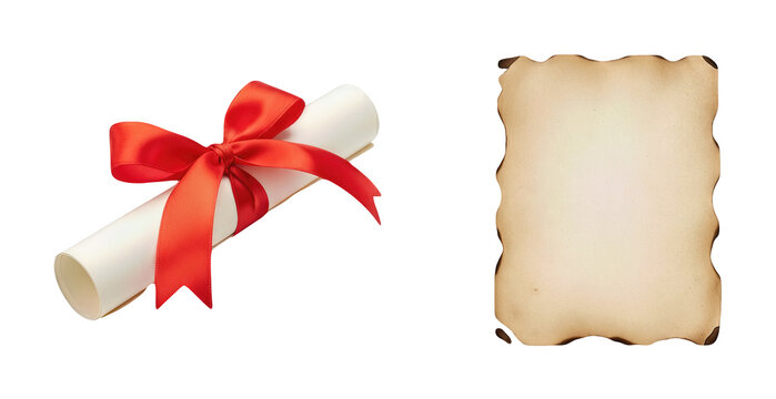 Graduation scroll with red satin ribbon next to antique burnt edge parchment paper isolated on transparent background for diploma award certificate concept - Powered by Adobe