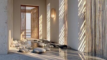 Serene Interior Space with Natural Elements and Calm Ambiance