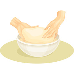 Two Hands Kneading Dough in a White Bowl with a Soft Yellow Background Representing Handcraft and Culinary Preparation
