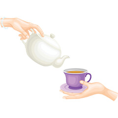 Two hands pouring tea from a white teapot into a purple cup and saucer on a white background with gentle lighting