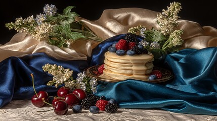 Delicious Pancakes with Berries and Flowers on Elegant Fabrics