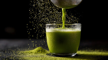 Matcha powder being sifted into glass with vibrant green tea pouring, fine particles scattering and creating energizing, fresh mood