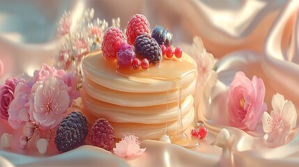 Delicious Pancake Stack with Berries and Flowers on Silk Background