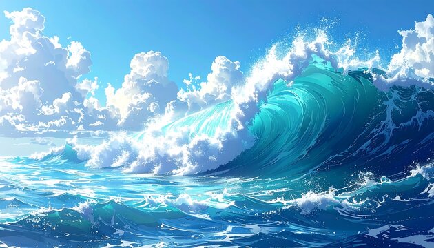 Vivid illustration of an ocean wave crashing under a bright blue sky, puffy clouds dot the horizon - Powered by Adobe