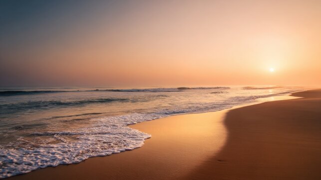 deserted beach at sunrise, soft waves, warm light, feeling of peace and solitude, gentle wind, clean minimal atmosphere