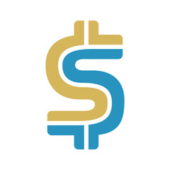 A stylized dollar sign icon, split vertically into two distinct colors, gold and blue, representing finance and currency.