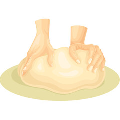 Two hands shaping raw dough on a light green circular mat with a white background illustration