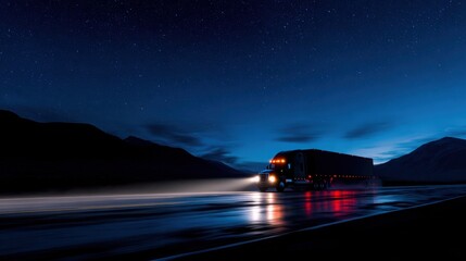 diesel truck driving on a mountain highway at night, headlights and taillights glowing brightly, light trails on wet asphalt, starry sky above dark
