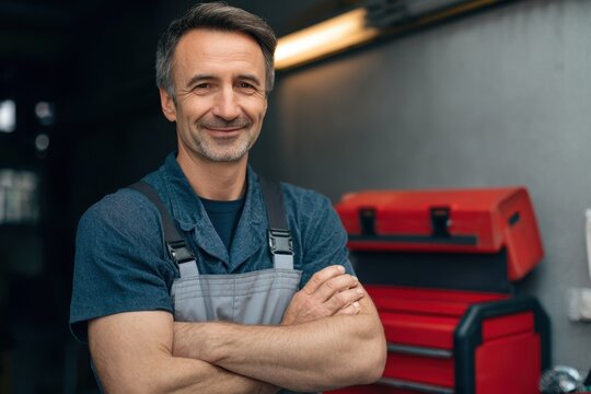 A smiling middle aged caucasian male mechanic wearing overalls and a blue shirt stands with his arms crossed in a workshop with a red toolbox in the background a confident professional ready to assist