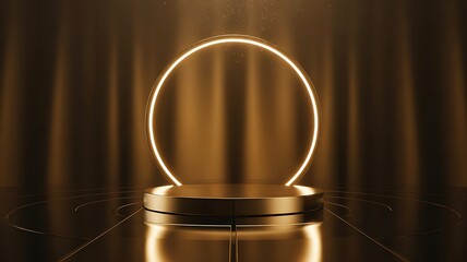 A golden podium with a glowing ring, ideal for luxury product showcase