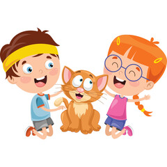 Two Happy Cartoon Children with Orange Cat Isolated on Transparent Background