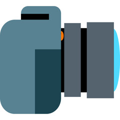 Modern Digital Camera Illustration With Blue Accents And Orange Lens Detail On A Transparent Background Flat Design Style