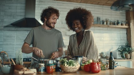 A happy Caucasian couple preparing a healthy meal together in a brightly lit kitchen with fresh ingredients spread across the counter