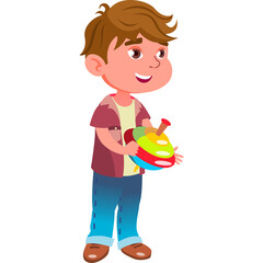 Joyful young boy holding a colorful spinning top toy with brown hair wearing a maroon shirt and blue jeans a playful expression on his face against a white background