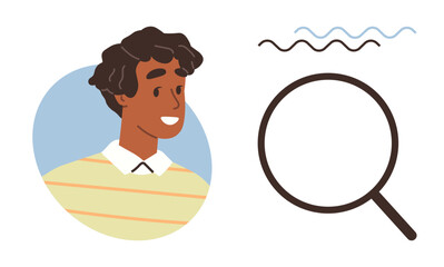 Smiling person beside a magnifying glass and wavy lines symbolizing search, analysis, or curiosity. Ideal for creativity, discovery, education, research, self-reflection, problem-solving simple flat