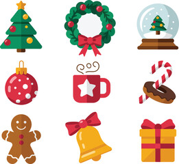 Flat Design Christmas Icon Set of 9 Festive Holiday Symbols in 3x3 Grid