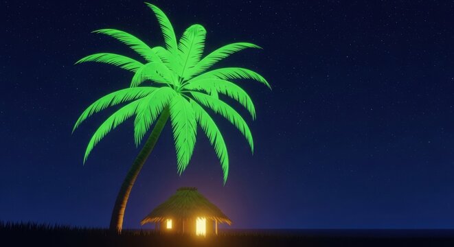 Glowing neon green palm tree stands tall against a dark night sky with a small illuminated hut below - Powered by Adobe
