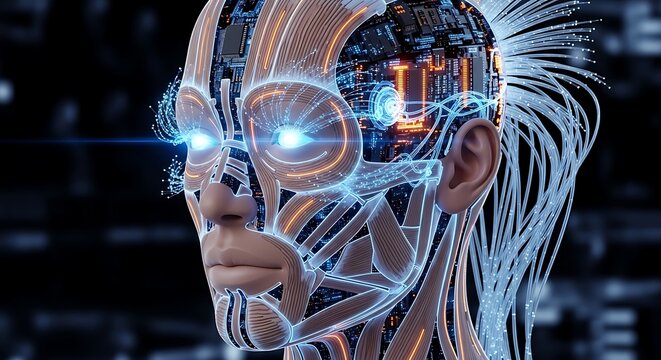 Futuristic Human Robot Head with Digital Circuitry and Glowing Blue Lights