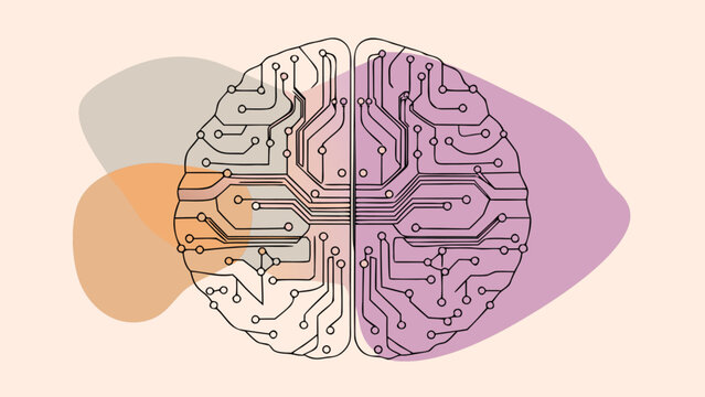 Line art illustration of a brain with circuit patterns